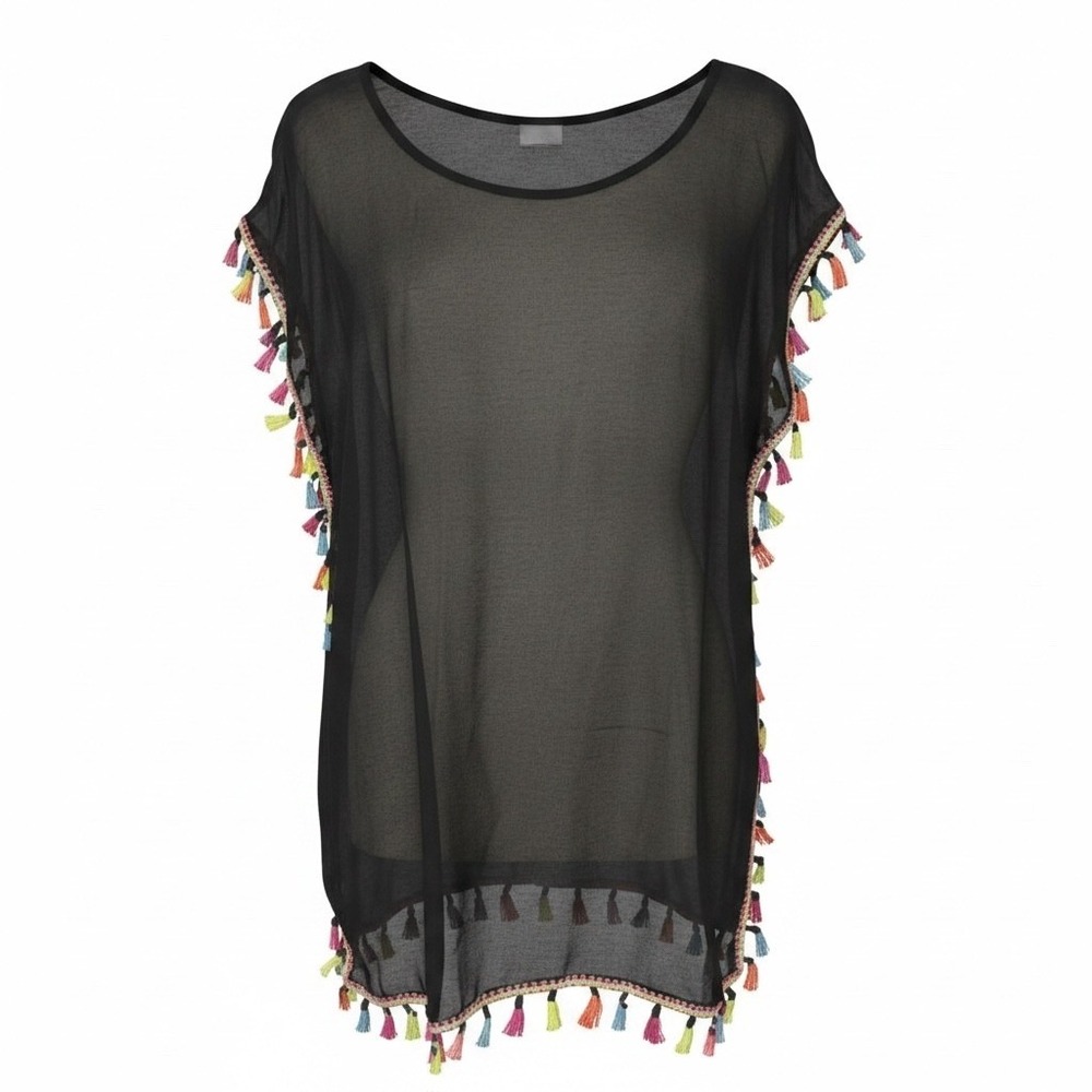 GDKEY Swim Cover-Up Womens S-M Black Multi-Color Tassel Trim‎ Sheer Boho Beach